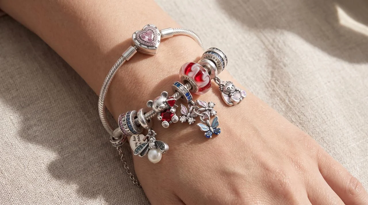 Pulsera Zephora armada con charms en Plata 925, sobre lino con luz natural